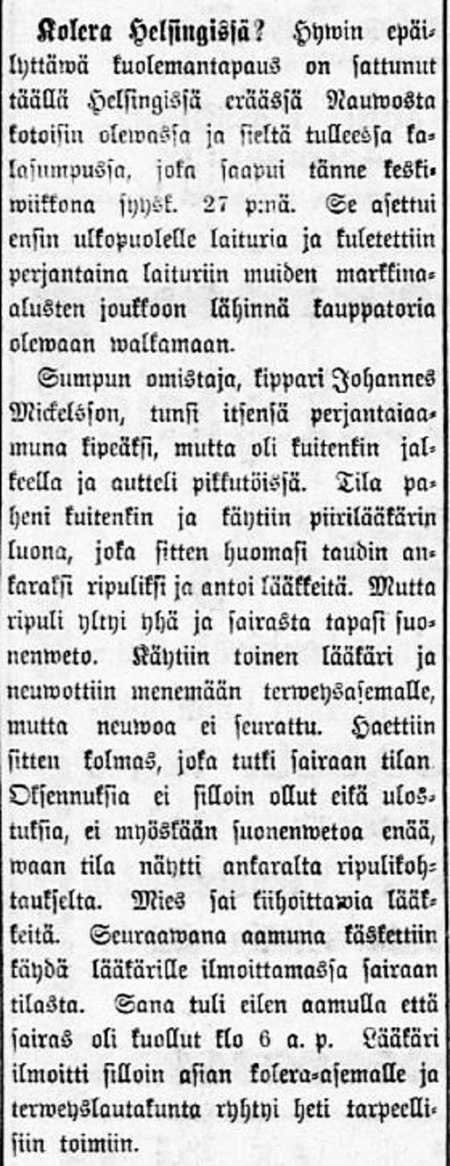 Kolera-epäilystä käsittelevä uutinen Päivälehdessä vuodelta 1893
