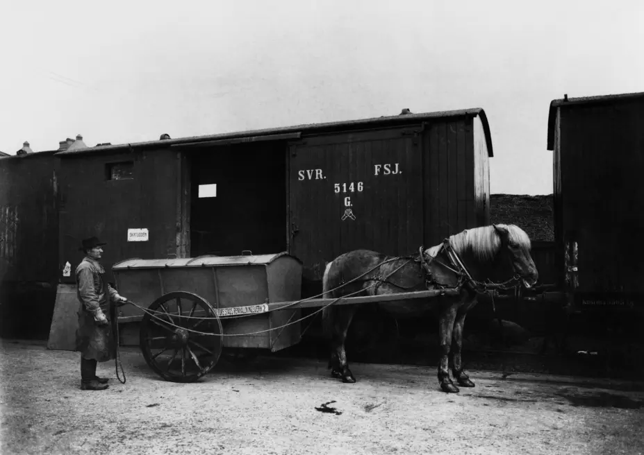 Puhtaanapitolaitoksen roskakärryjä lastataan rautatievaunuun 1913