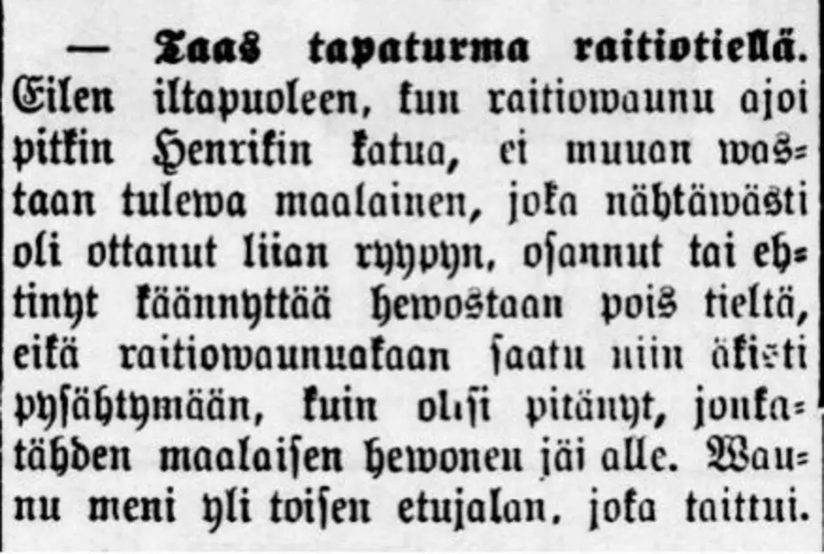 Uutinen tapaturmasta raitiotiellä vuonna 1890