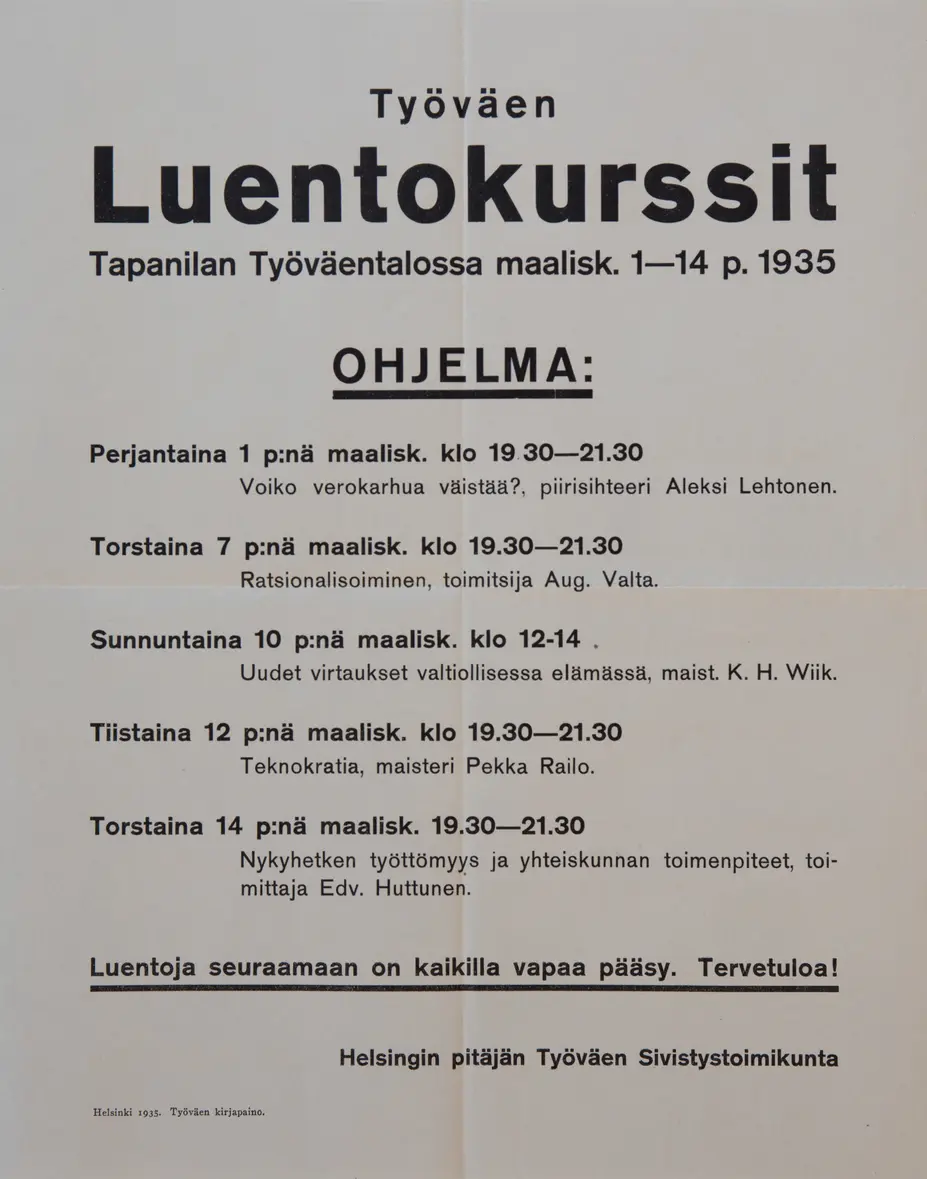Juliste työväen luentokursseista