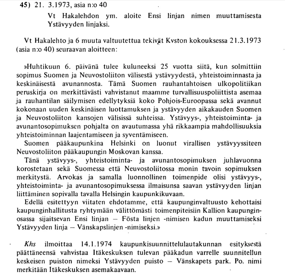 Fullmäktigeförslag om att grunda Vänskapslinjen i Berghäll