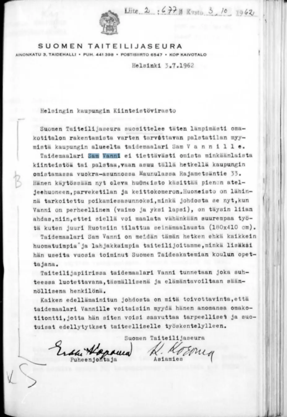 Taiteilijaseura suosittelee Sam Vannia