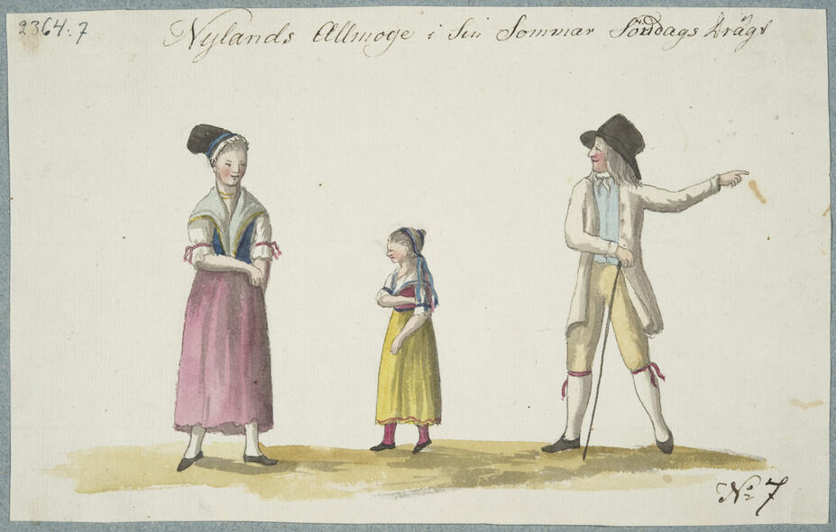 Uusimaalaista talonpoikaisväkeä kesäisissä pyhäpuvuissaan