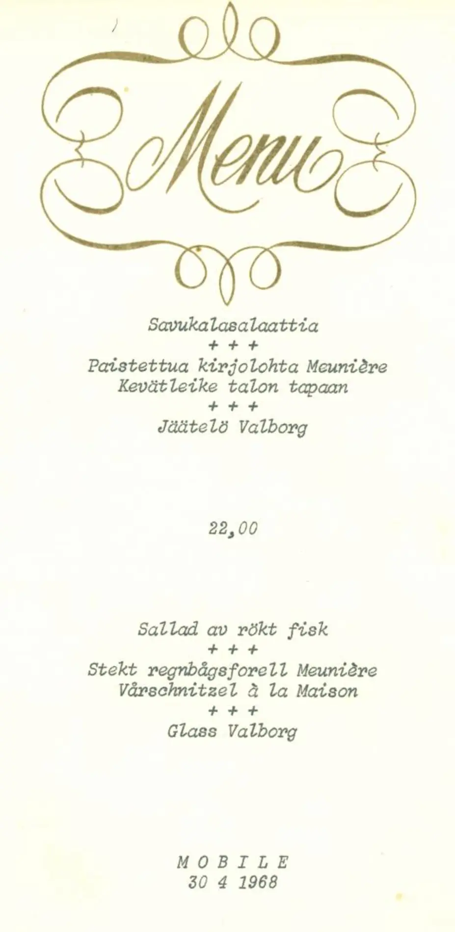 Vappuaaton ruokalista 1968