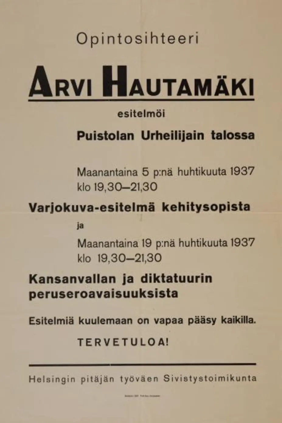 Esitelmätilaisuuden mainosjuliste