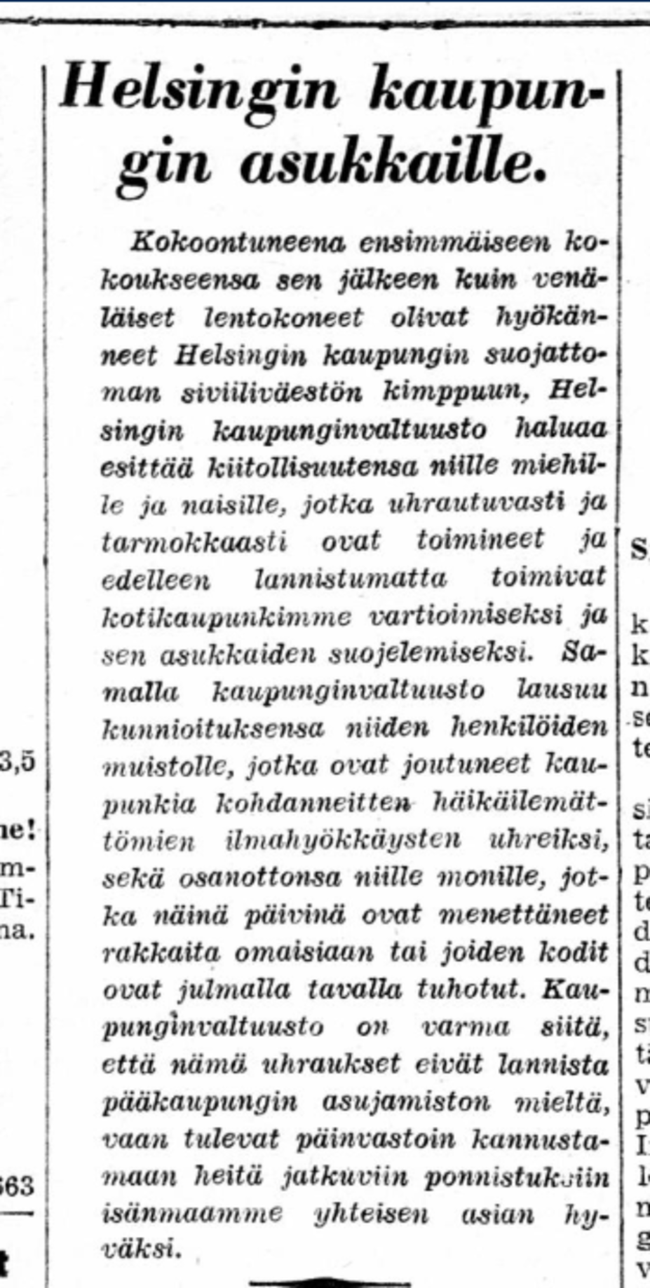 Kaupunginvaltuuston julkilausuma Helsingin Sanomissa 14.12.1939