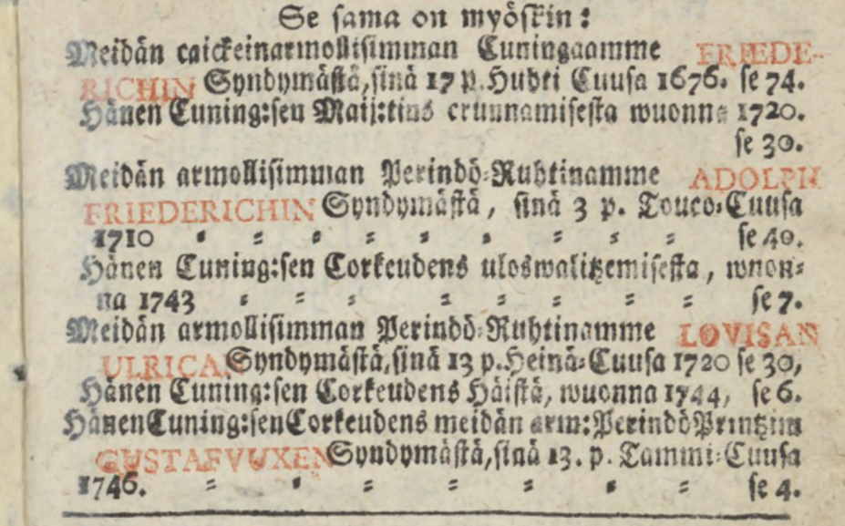 Ote almanakasta 1749