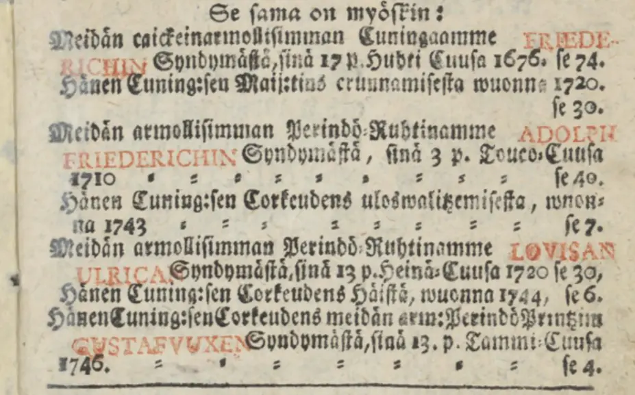 Ote almanakasta 1749