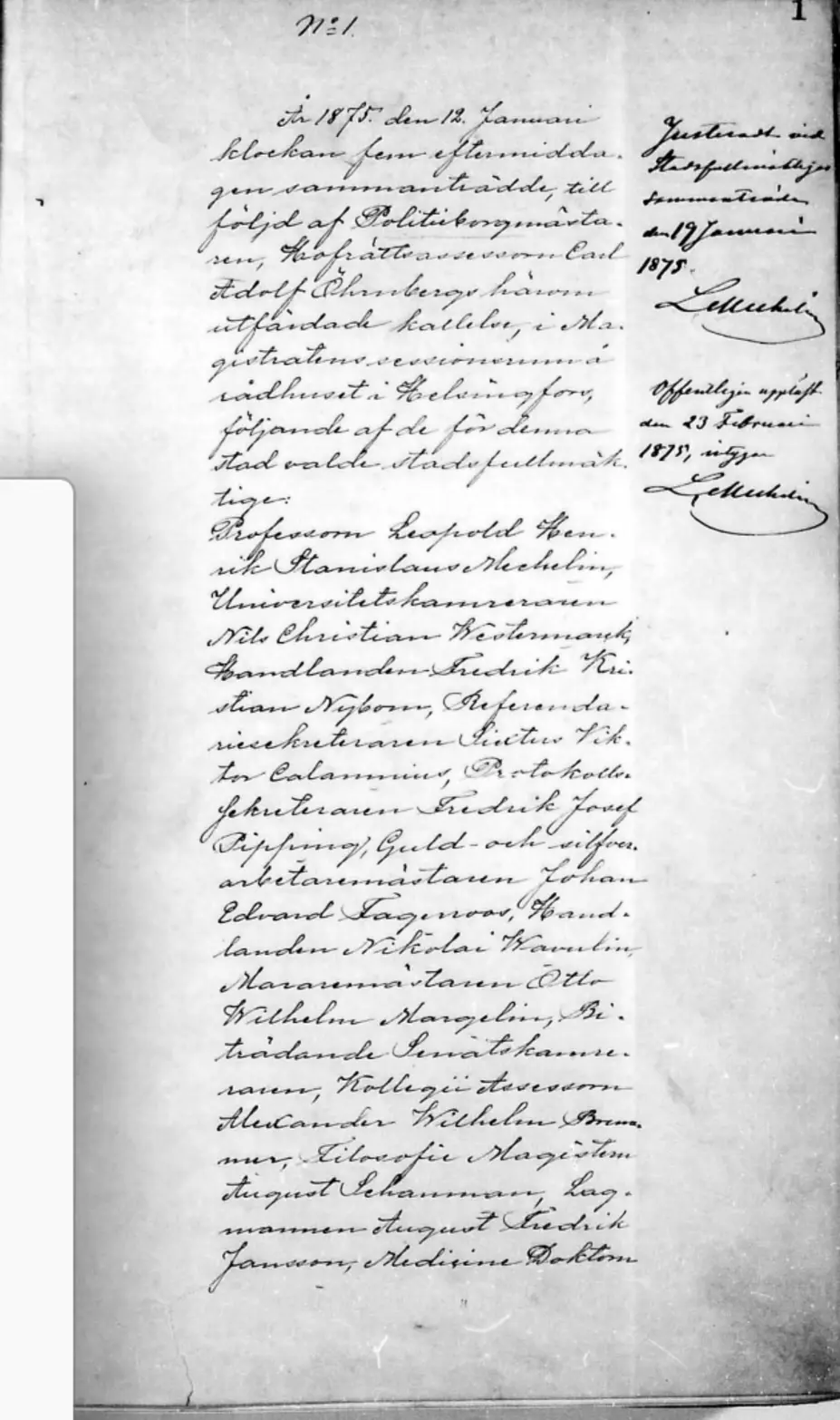Helsingfors stadsfullmäktiges protokoll 12.1.1875, sidan 1