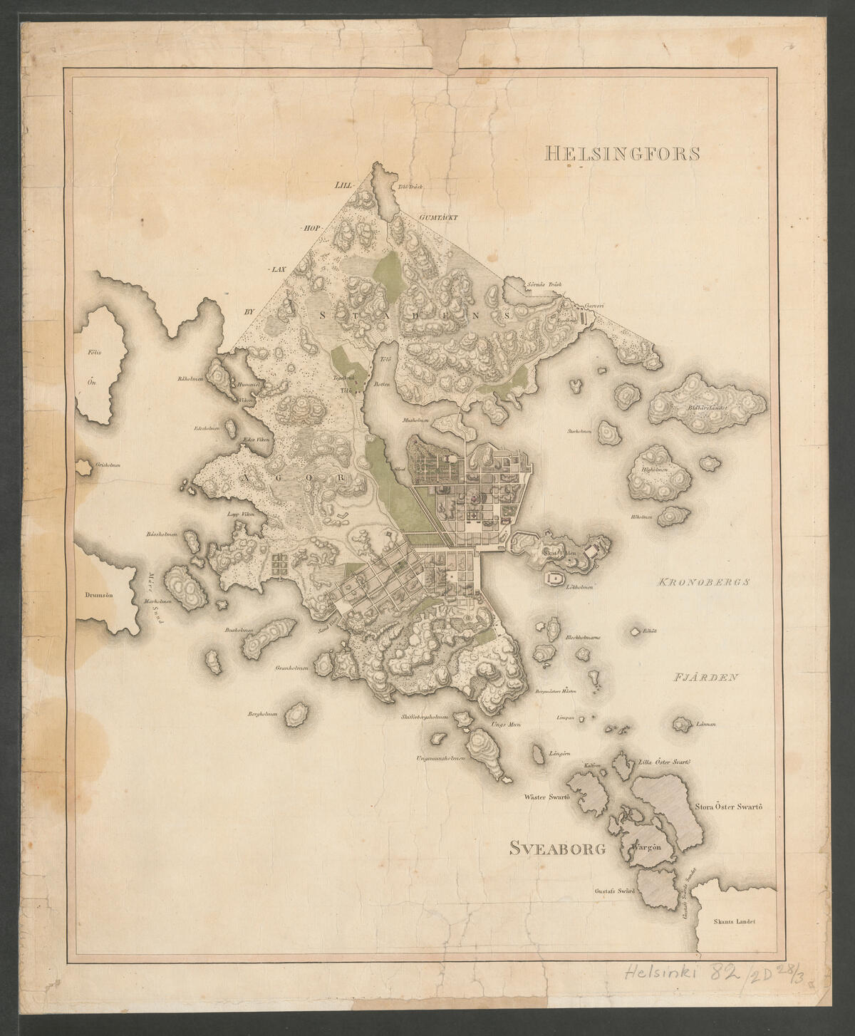 En karta över 1800-talets Helsingfors som ska bevaras i Riksarkivet. Vid Fredsgatan 17 syns den ortodoxa katedral som planerades för platsen, men som senare placerades på Skatudden.