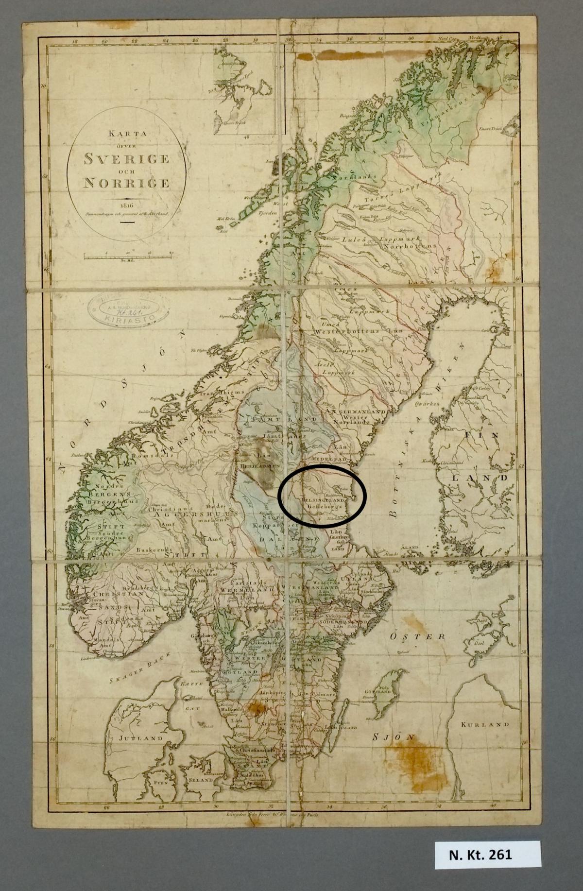 Vanha kartta Ruotsista lähialueineen, johon merkitty Hälsinglandin alue