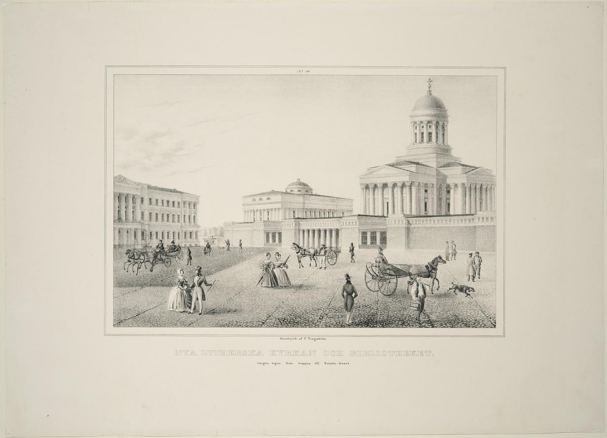 A view of the northwest corner of the Senate Square in 1838. Construction on St. Nicholas’ Church and the University Library (later the National Library) was begun in 1836 and they are still unfinished. The library building designed by Engel was inaugurated in 1845. The library premises grew considerably in 1906, when the annex known as Rotunda was completed. Lithography.  Photo: The Finnish Heritage Agency / Fredrik Tengström