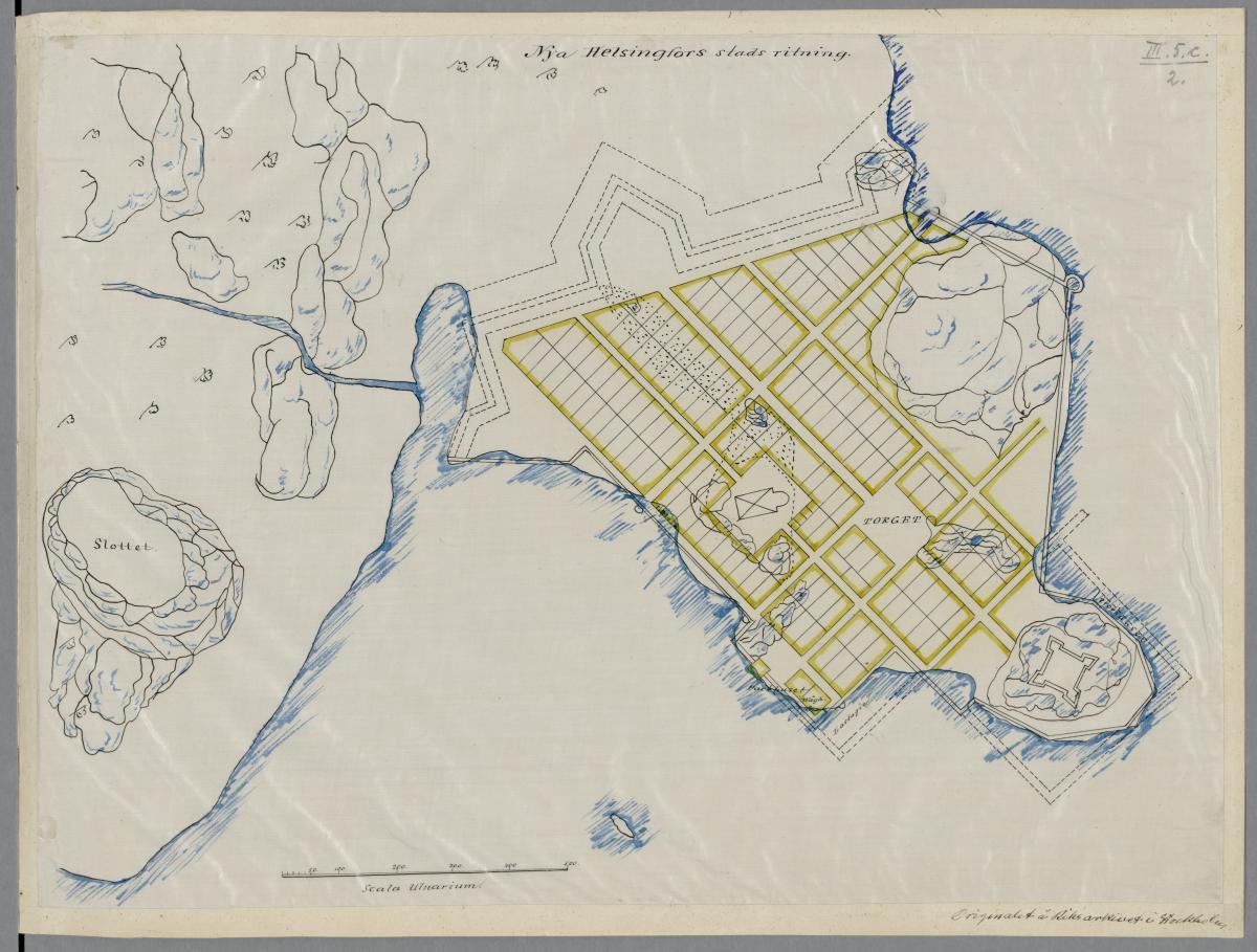 Befästningsingenjör Anders Torstenssons oförverkligade stadsplan för Helsingfors i Södernäs från 1638.  Med finns även ritningar för slott och befästningar.