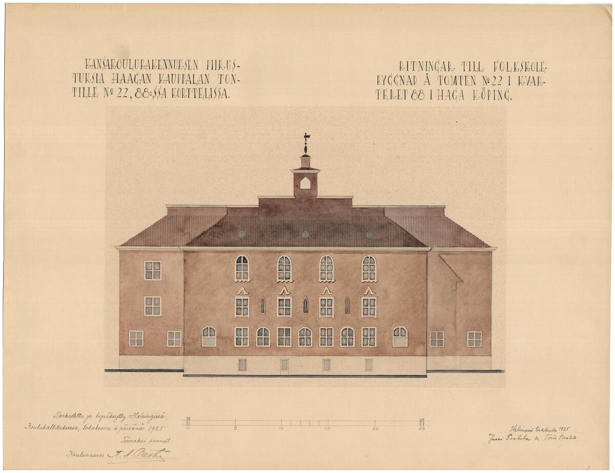 Bygglovsritningen visar fasaden på en skolbyggnad med sadeltak och tre våníngar. 