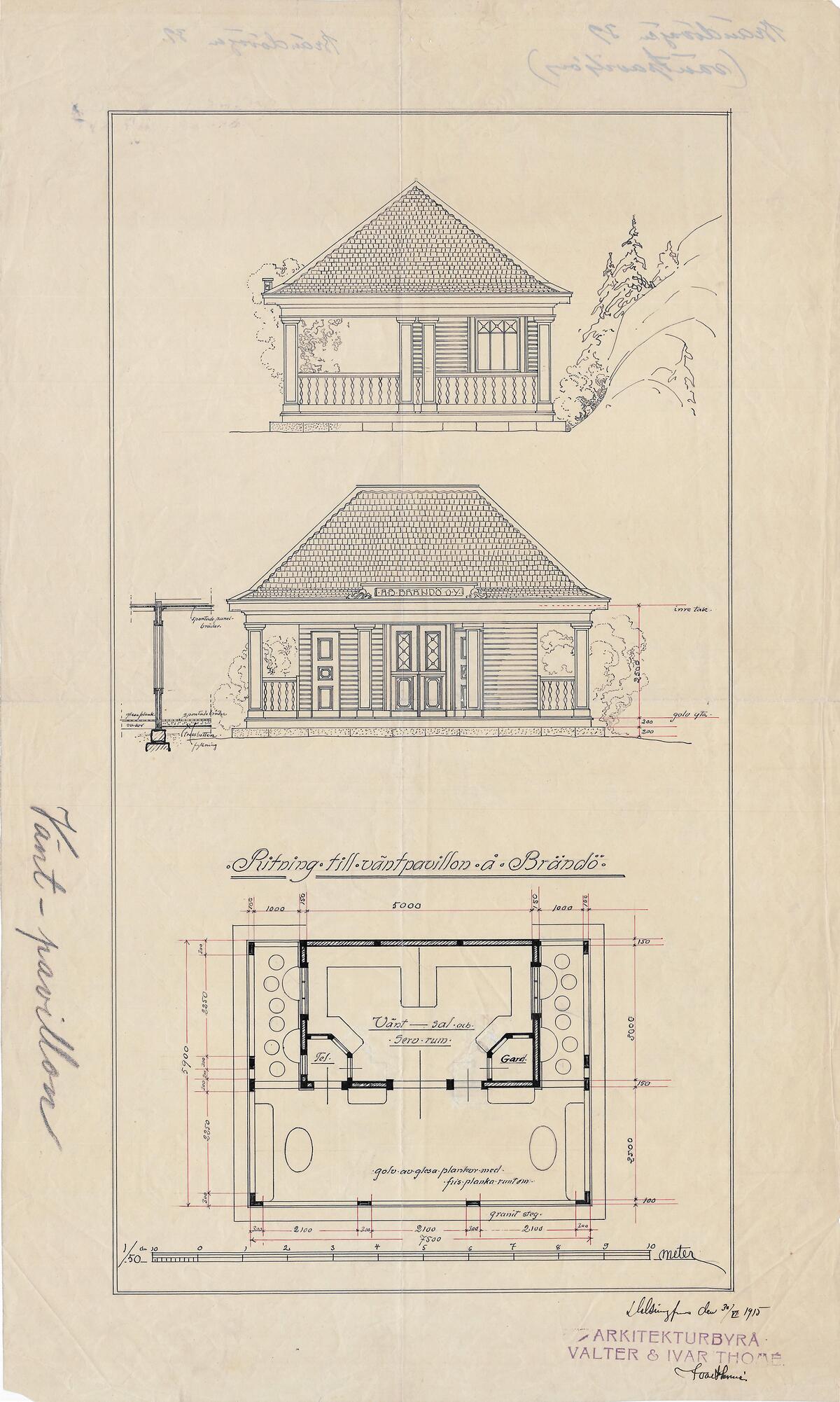 Vänthall för spårvagn, Brändövägen 29, Lars Soncks väg 1, fasad- och planlösning‎ (1915).