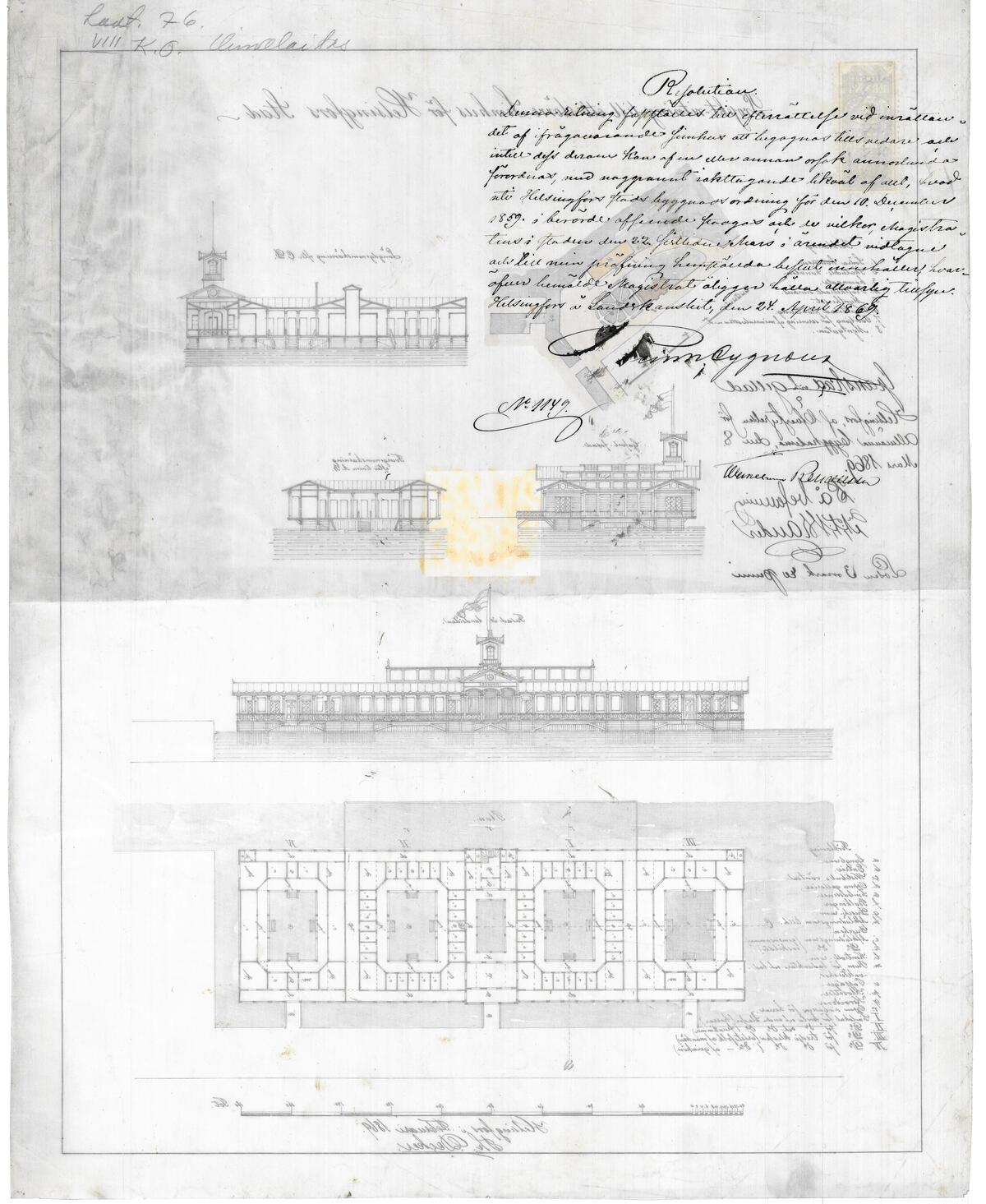 The drawings of the Katajanokka swimming facility with the signature of architect Theodor Decker in February 1869. Photo: Helsinki City Archive