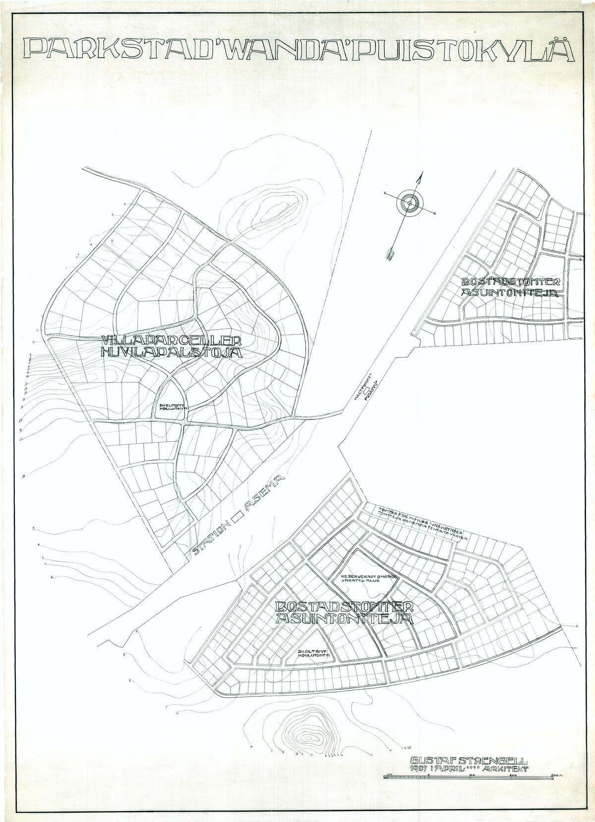 Gustav Strengellin vuonna 1907 laatima kaava, jossa nykyisen vanhan Tapanilan kohdalle on merkitty "huvilapalstoja" ja radan toiselle puolelle "asuintontteja". Kuvaaja: Helsingin kaupunginarkisto