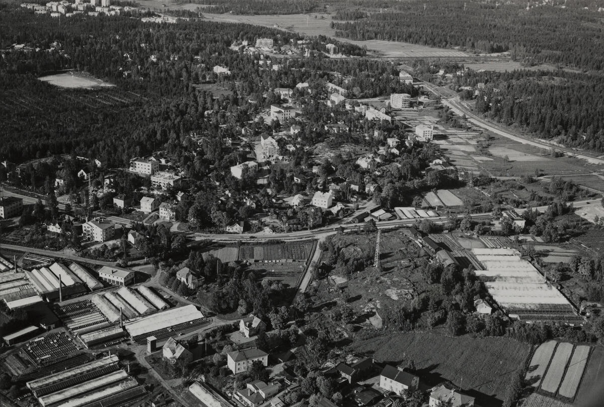 Södra Haga på flygbild. I mitten Vichtisvägen, nere till vänster Gamla Chausséen och till höger Klubbekrigarvägen. I nedre kanten syns de för Haga tidigare kännspaka växthusen.