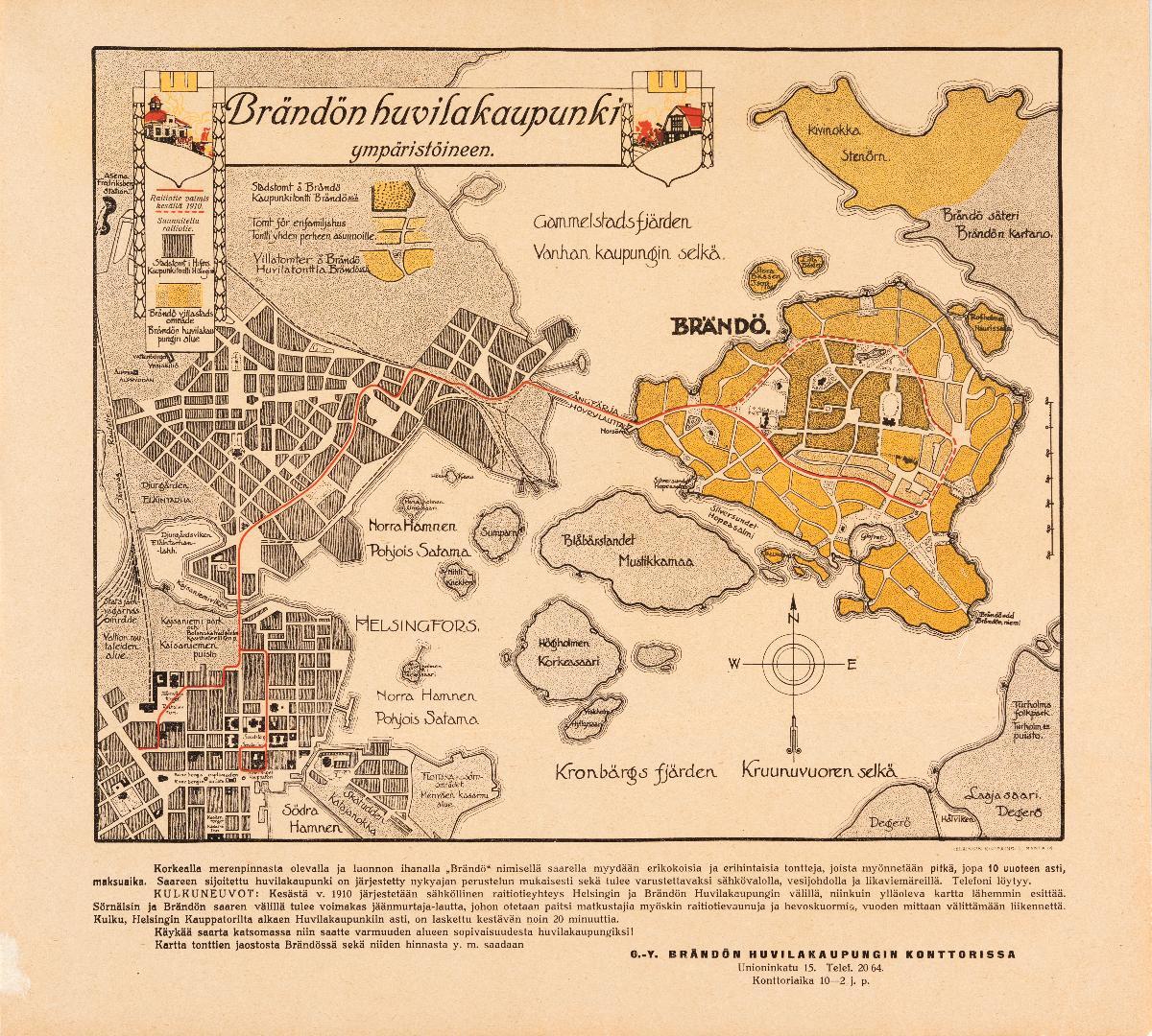 Kartta kuvaa Brändön huvilakaupunkia ympäristöineen vuonna 1909. Kartan alapuolella on mainosteksti, joka houkuttelee uusia ostajia kertomalla huvilakaupungin mukavuuksista, kuten sähköstä ja kesällä 1910 avattavasta raitiotieyhteydestä ja jäänmurtajalautasta. Lisäksi tonteille luvataan jopa kymmenen vuoden maksuaika. Kuvaaja: Helsingin kaupunginmuseo