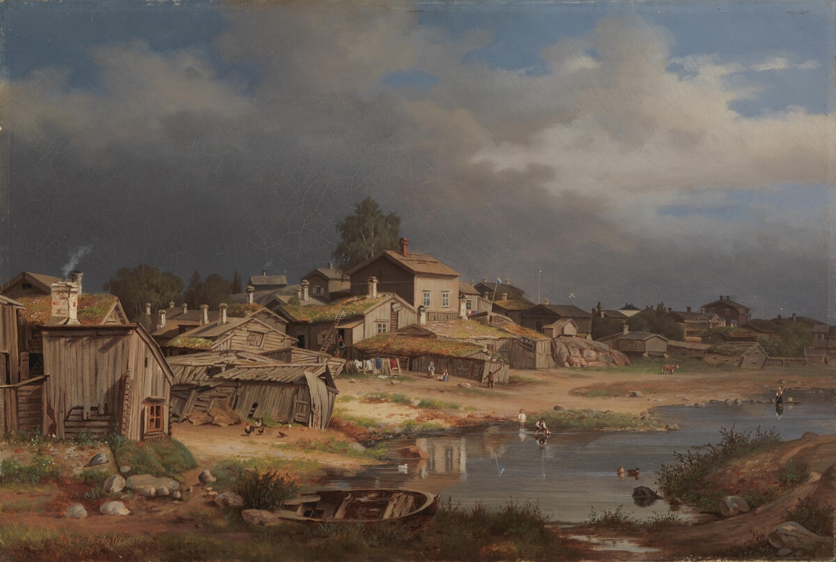 A painting showing low wooden buildings at the water front. There are wooden boats in the foreground.