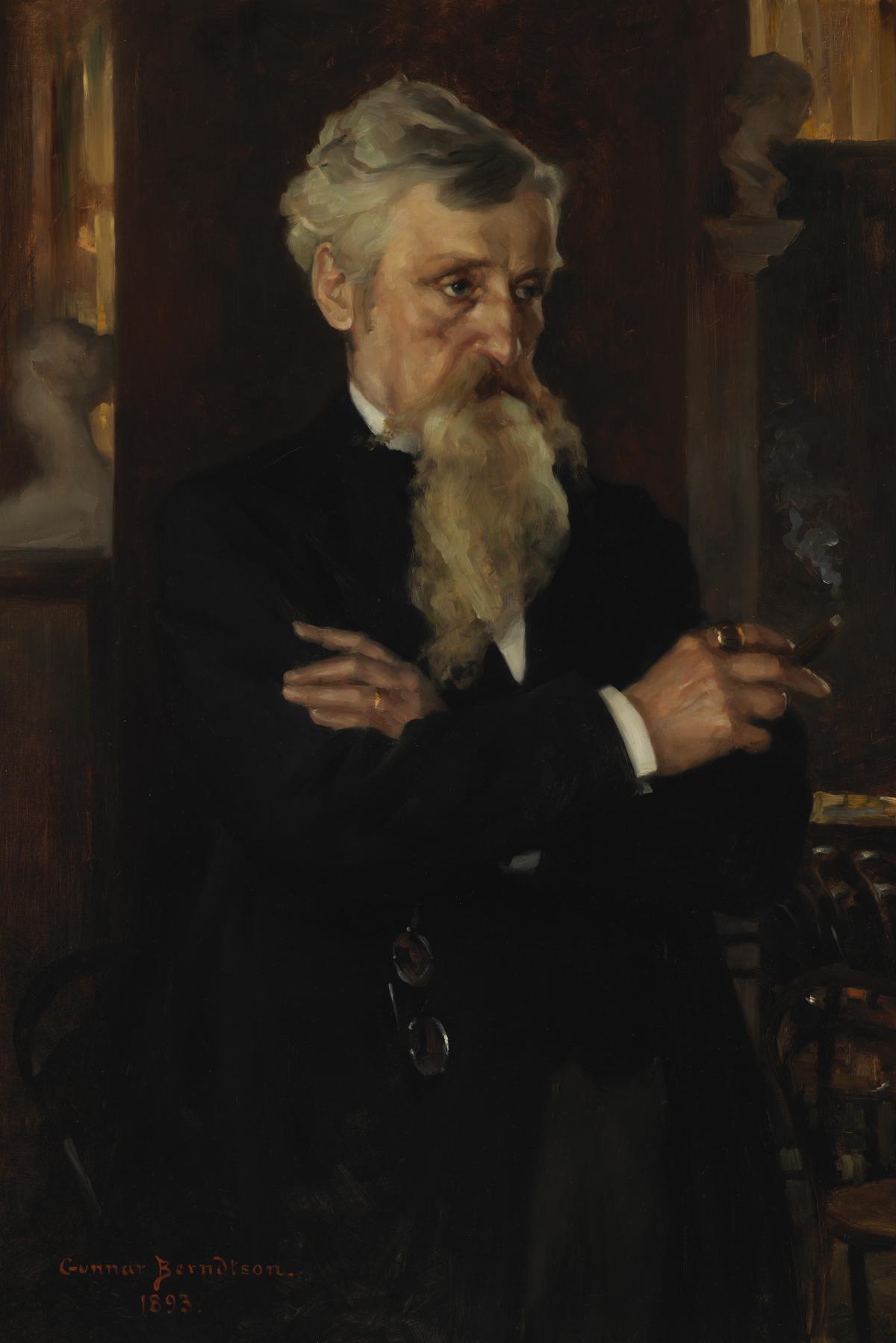 Gunnar Berndtsons oljemålning föreställer August Schauman med grått skägg och armarna i kors