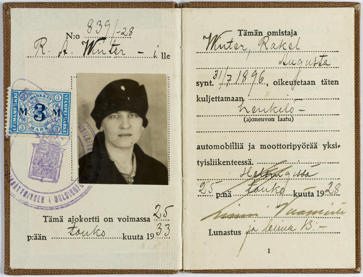 Ajokortti. Myönnetty Rakel Augusta Winterille (s. 31.7.1896) 25.5.1928.