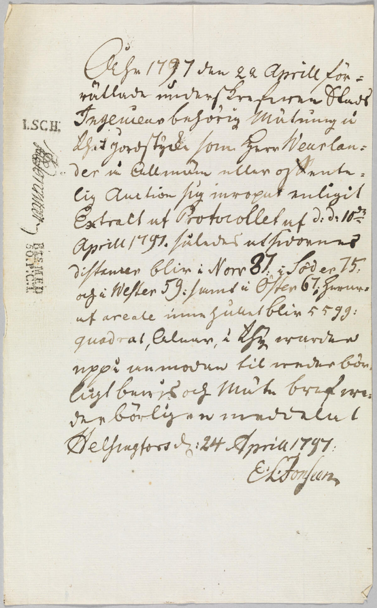 Anders Johan Weurlanderin Läntisestä korttelista huutokaupalla ostaman tontin muistio, joka on päivätty 24.4.1797