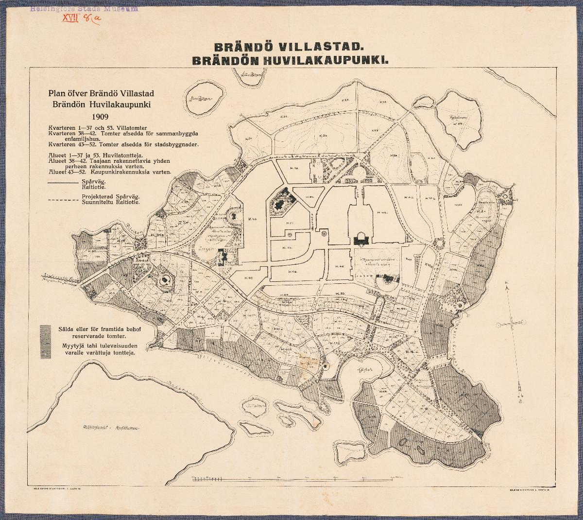 En karta över Brändö villastad på blå klot med kvarter, gator och sålda tomter.