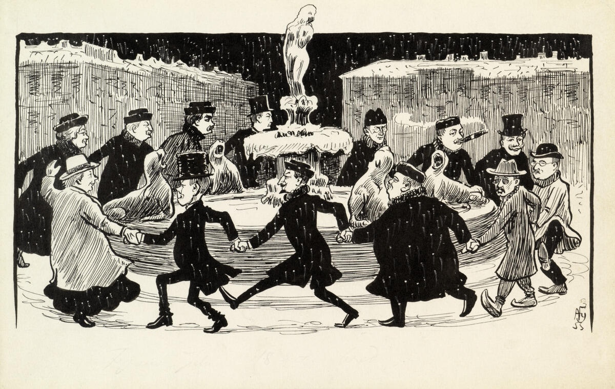 I mitten av teckningen står fontänen Havis Amanda. Runt den dansar tretton kända helsingforsare i ring hållande varandra i handen. 