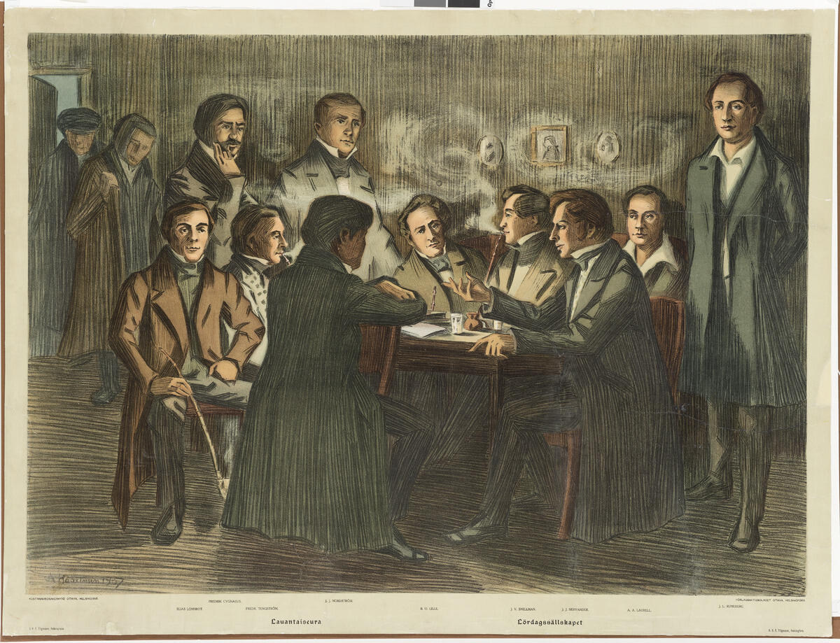 En färgteckning som föreställer en grupp män sittande vid ett runt bord. Alla ryms inte vid bordet, en del följer diskussionen stående. 