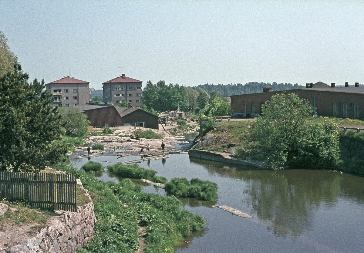 Barn är och leker vid Gammelstadsforsen. Till höger är Kungsgårdsholmen. I bakgrunden höghusen på Katarina av Sachsens gata 11 – Borgnässtigen 2.