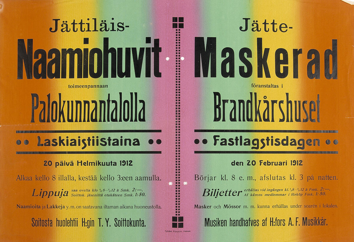 Helsingissä järjestettiin laskiaisena 1912 suuret naamiaiset, jotka jatkuivat jopa aamukolmeen.  Palokunnantalo sijaitsi Ateneumin vieressä, ja sen osoite oli siihen aikaan Hakasalmenkatu 3. Se oli suosittu juhlapaikka, jossa oli myös ravintola.  Kuvaaja: Helsingin kaupunginmuseo