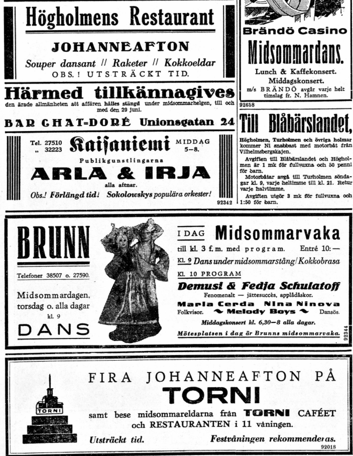 Annonser om midsommarnöjen i Helsingfors: restauranger Torni och Kaisaniemi samt Brunns midsommarvaka och 