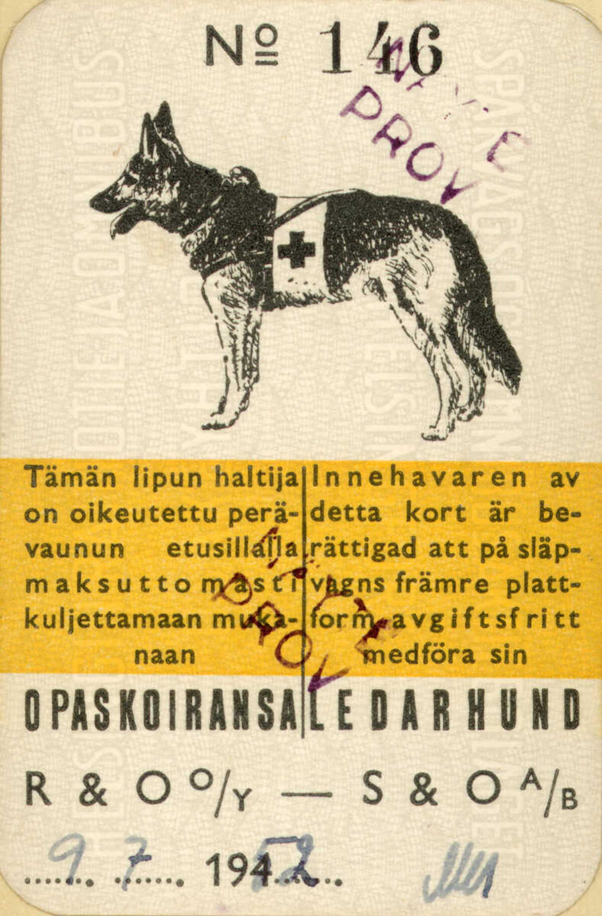 Opaskoiran kuljettamiseen oikeuttava matkalippu vuodelta 1952. Kuvaaja: Helsingin kaupunginmuseo