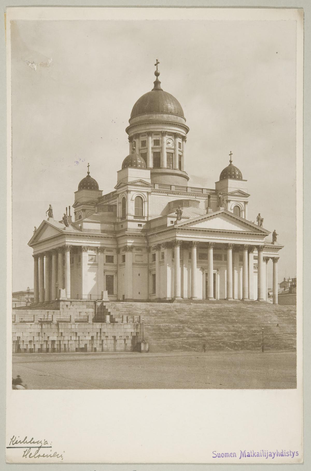 The Helsinki Cathedral, formerly St. Nicholas’ Church, is one of Helsinki's central landmarks and the "crown of the city". Engel himself noted that its "external elegance is hard to beat". The Main Guard Post below the church on the edge of the square was demolished in the 1840s, and the current steps leading up to the church terrace were built in its place. After Engel's death, other additions deviating from the original plan were made to the church, including corner towers, statues of the apostles, and terrace pavilions on both sides of the steps.  Photo: The Finnish Heritage Agency / Daniel Nyblin