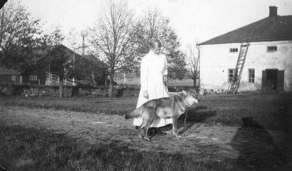 En vitklädd kvinna står på gården och håller en varg i koppel.