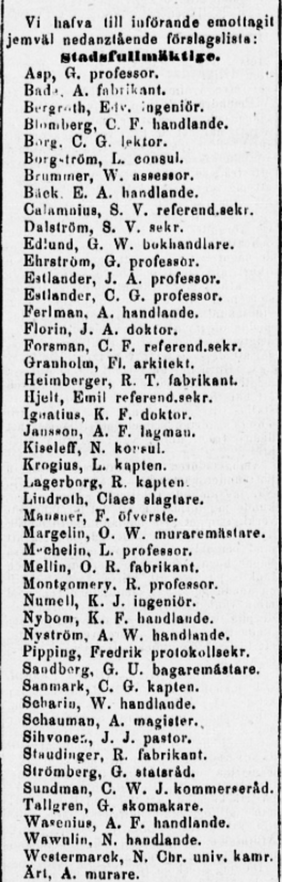 Helsingfors Dagblad käyttää nimitystä förslagslista eli ehdotuslista eikä kandidatlista (kandidaatti- eli ehdokaslista), sillä kandidaatti viittasi tuohon aikaan lähinnä yliopistotutkintoon. (21.12.1874) Kuvaaja: Kansalliskirjaston digitaaliset kokoelmat