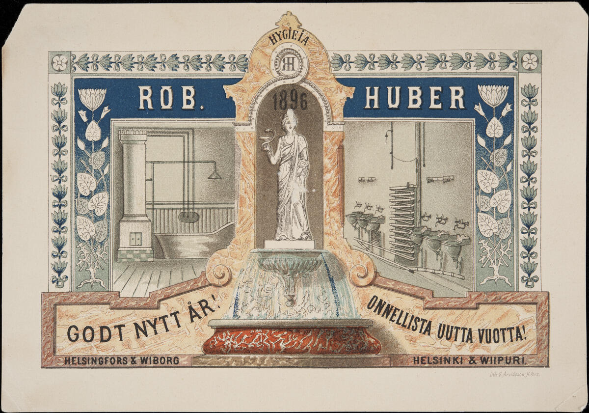 Vattenledningsfirman Hubers reklampostkort, som önskar gott nytt år 1896. I mitten av det tecknade kortet står en staty av gudinnan Hygieia, som på båda sidor omges av badrumsmöblemang.