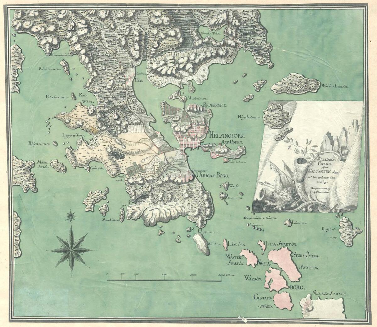 Samantapainen mutta vähemmän yksityiskohtainen maastokartta 1700-luvulta