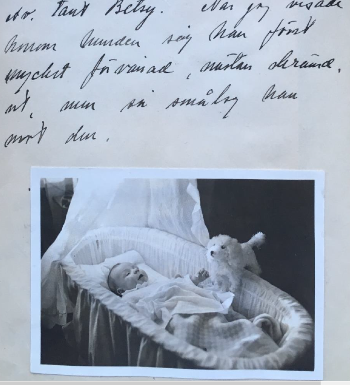 Vauva makaa soikeassa sängyssä, jonka reunalla on valkoinen leikkikoira. Lapsi ojentaa kättä kohti koiraa.