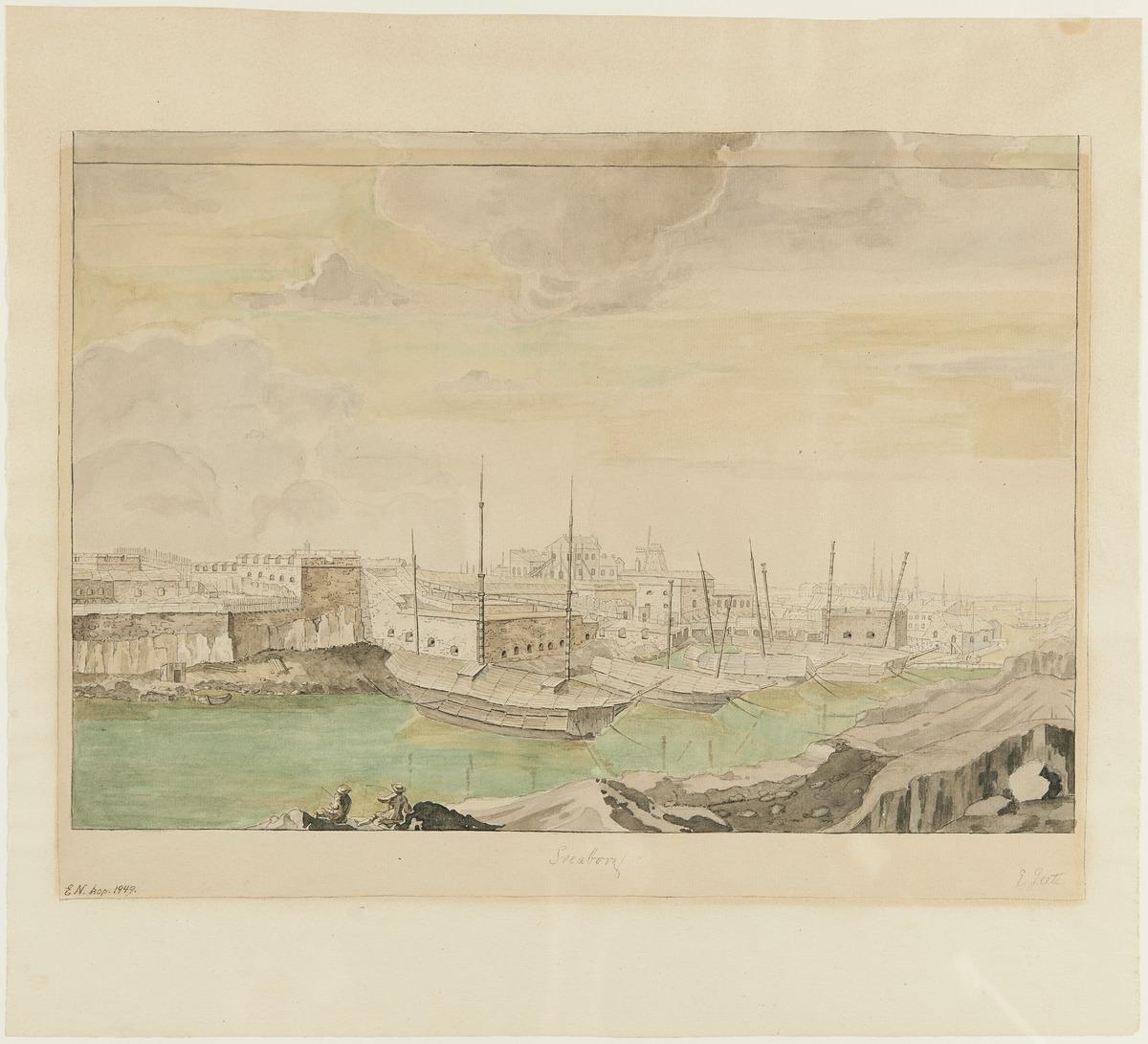 A drawing of sailing ships under the walls of the fortress.