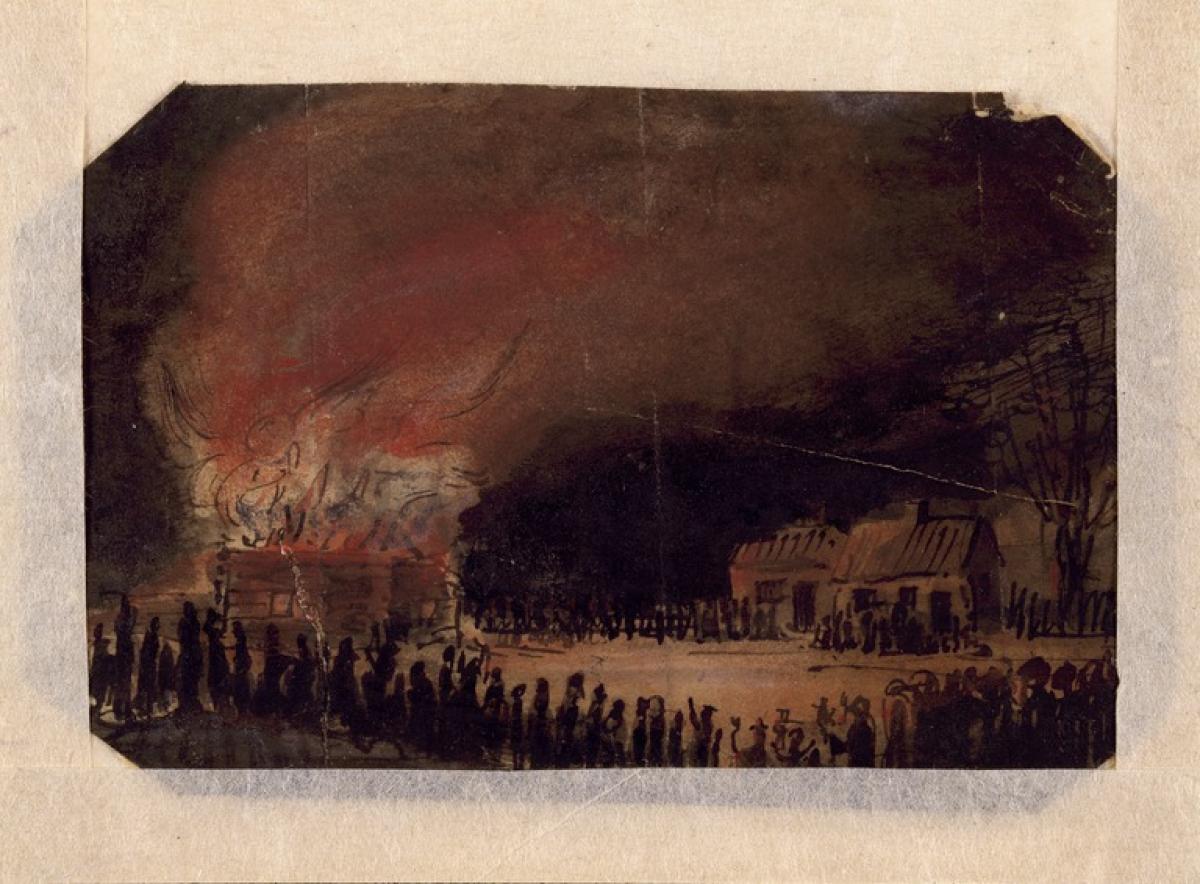 Robert Wilhelm Ekmanin maalaus öisestä tulipalosta Helsingissä. Maalauksessa hirsirakennus on ilmiliekeissä öisessä kaupungissa, joukko ihmisiä katselee.