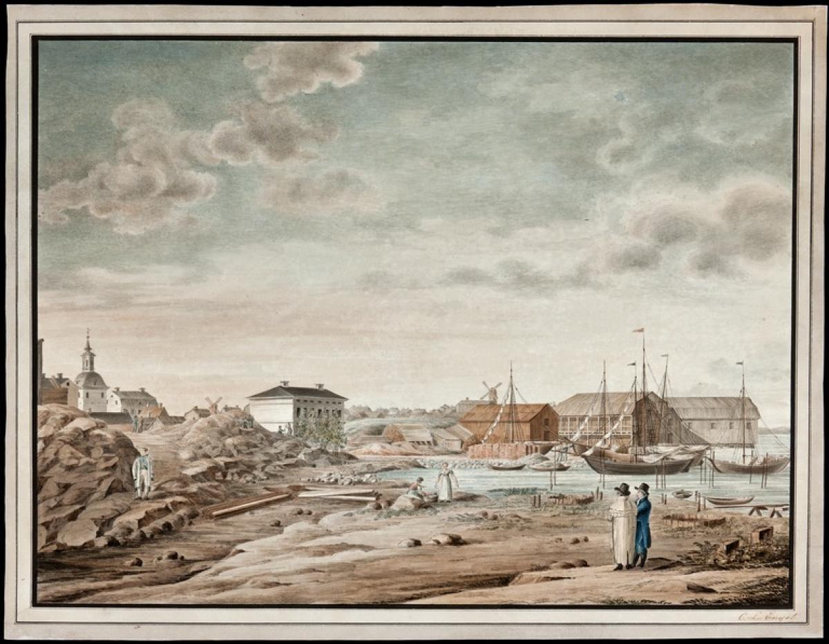 Carl Ludvig Engelin maalaus vuodelta 1816 esittää maisemaa Katajanokalta Pohjoissatamaan. Katajanokka on paljasta ja kallioista. Kruununhaan rannassa on muutamia varastorakennuksia ja laivoja.