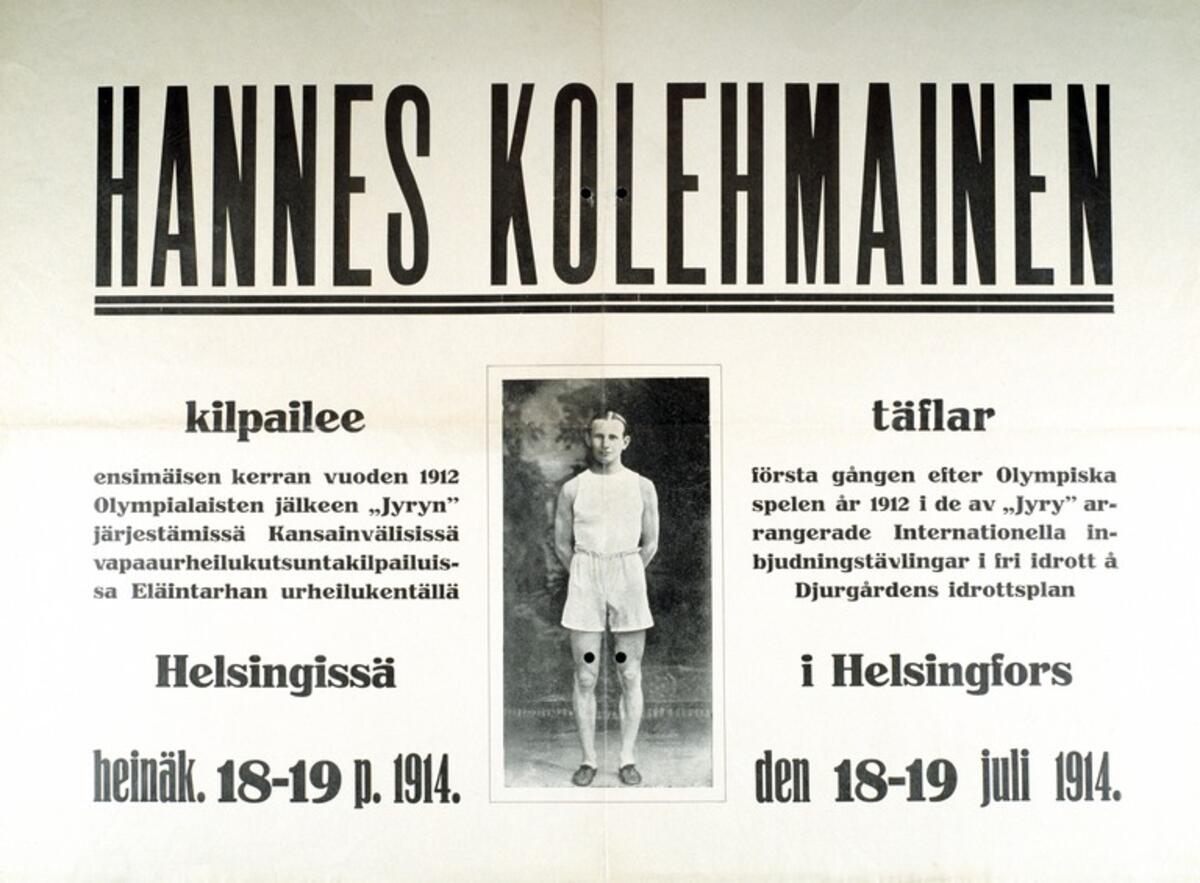Reklam för ett av idrottsföreningen Jyrys evenemang, där dragplåstret var OS-vinnaren Hannes Kolehmainen.