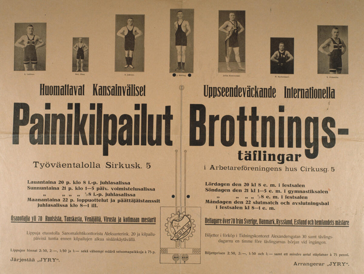 Reklamblad som gör reklam för stora internationella brottningstävlingar i Helsingfors.