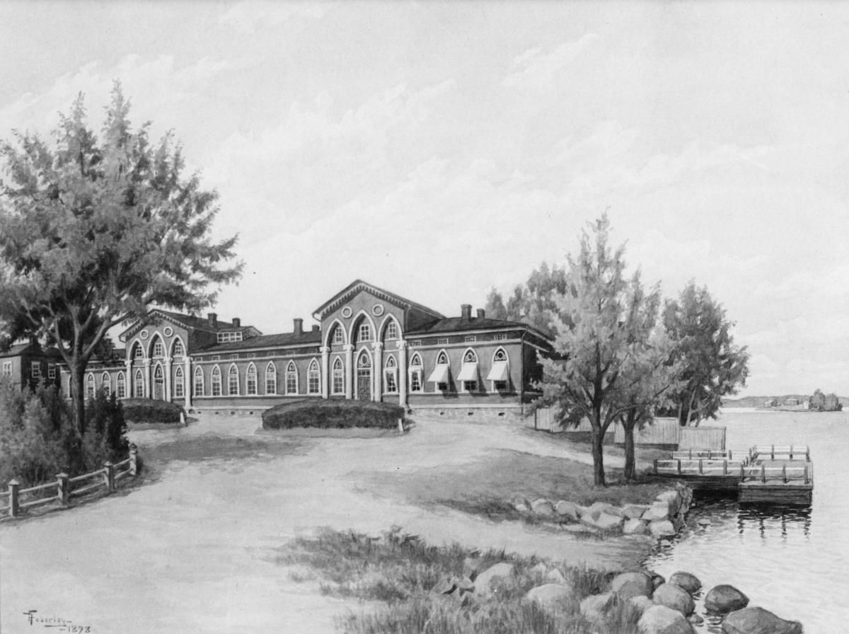Teckning av junkarskolan på Elisabetsgatan 1, havet och en brygga till höger.