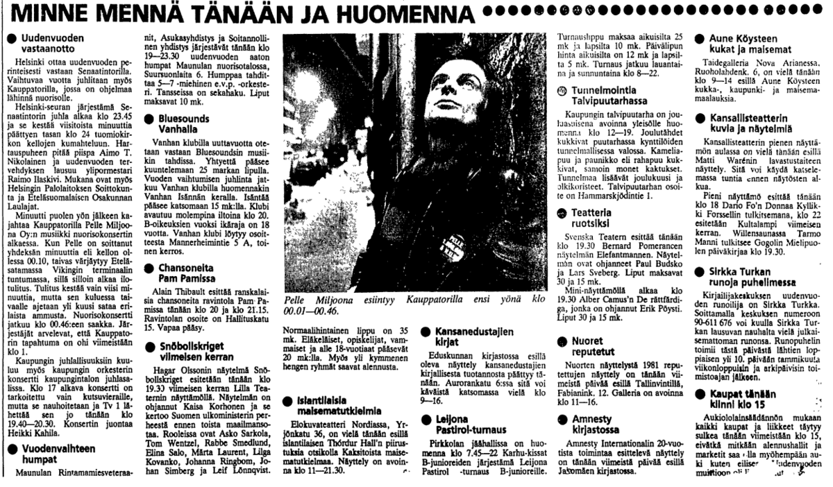 Helsingin Sanomien palsta uudenvuodenaaton tapahtumista 1981.