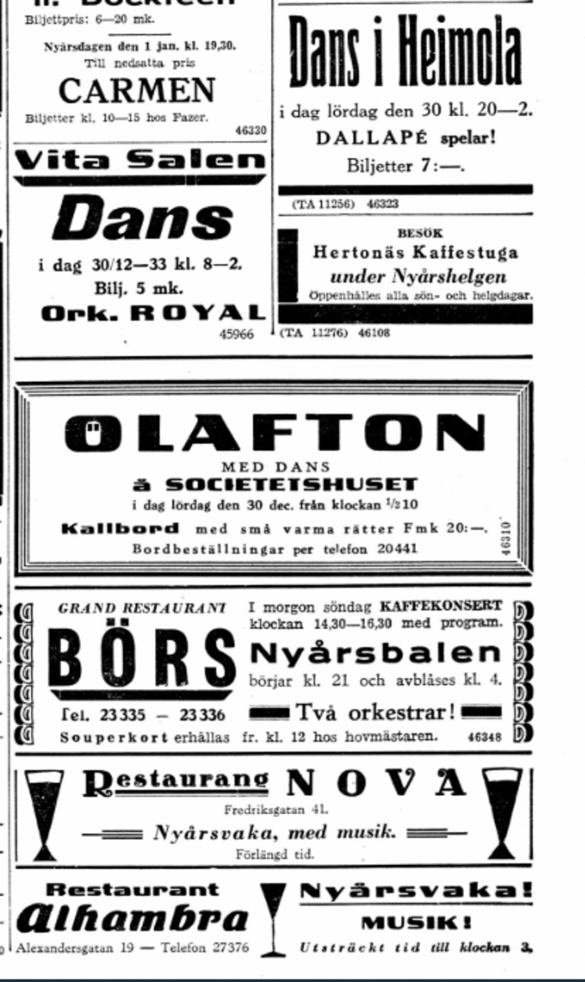 Man kunde också välja bland flera dansbaler och supéer i Helsingfors på nyårsaftonen 1933. (Hbl 30.12.1933) Foto: Nationalbibliotekets digitala samlingar