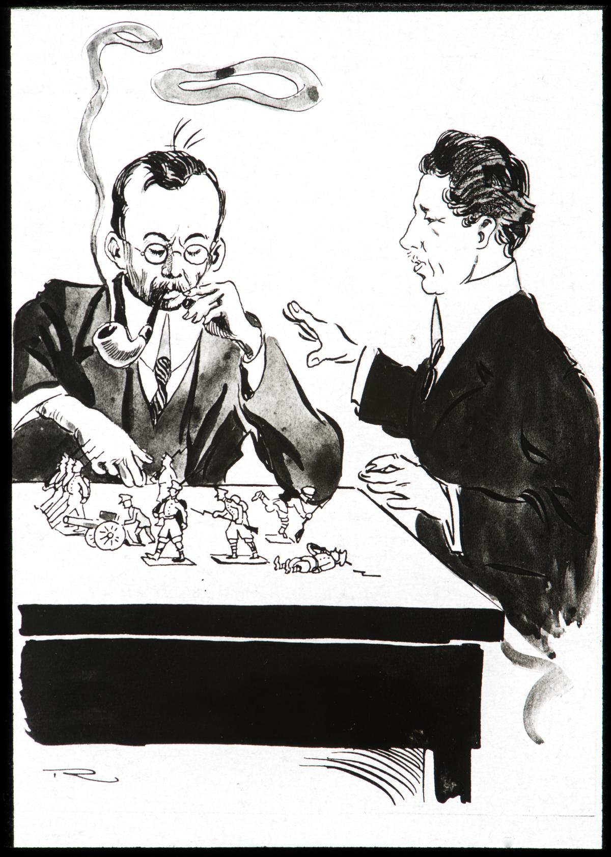 Piippua polttava Rudolf Holsti järjestelee tinasotilaita Rafael Rindellin piirustuksessa