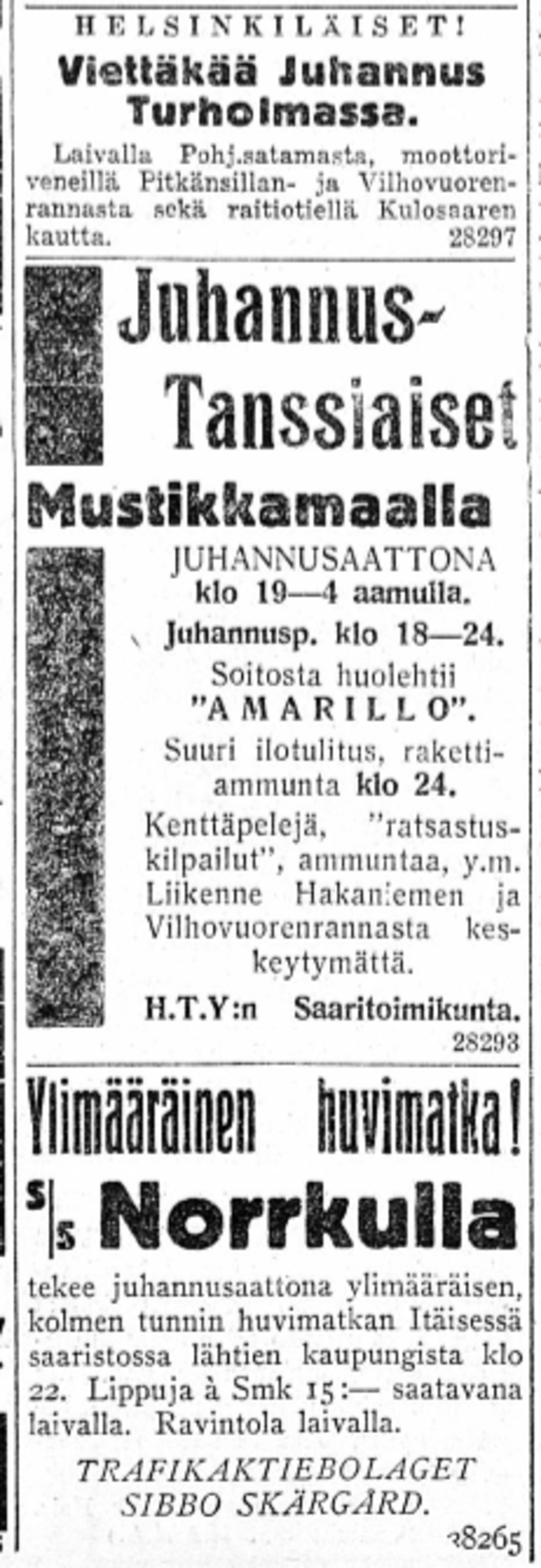 Sanomalehti-ilmoituksia juhannuksen tapahtumista Helsingissä